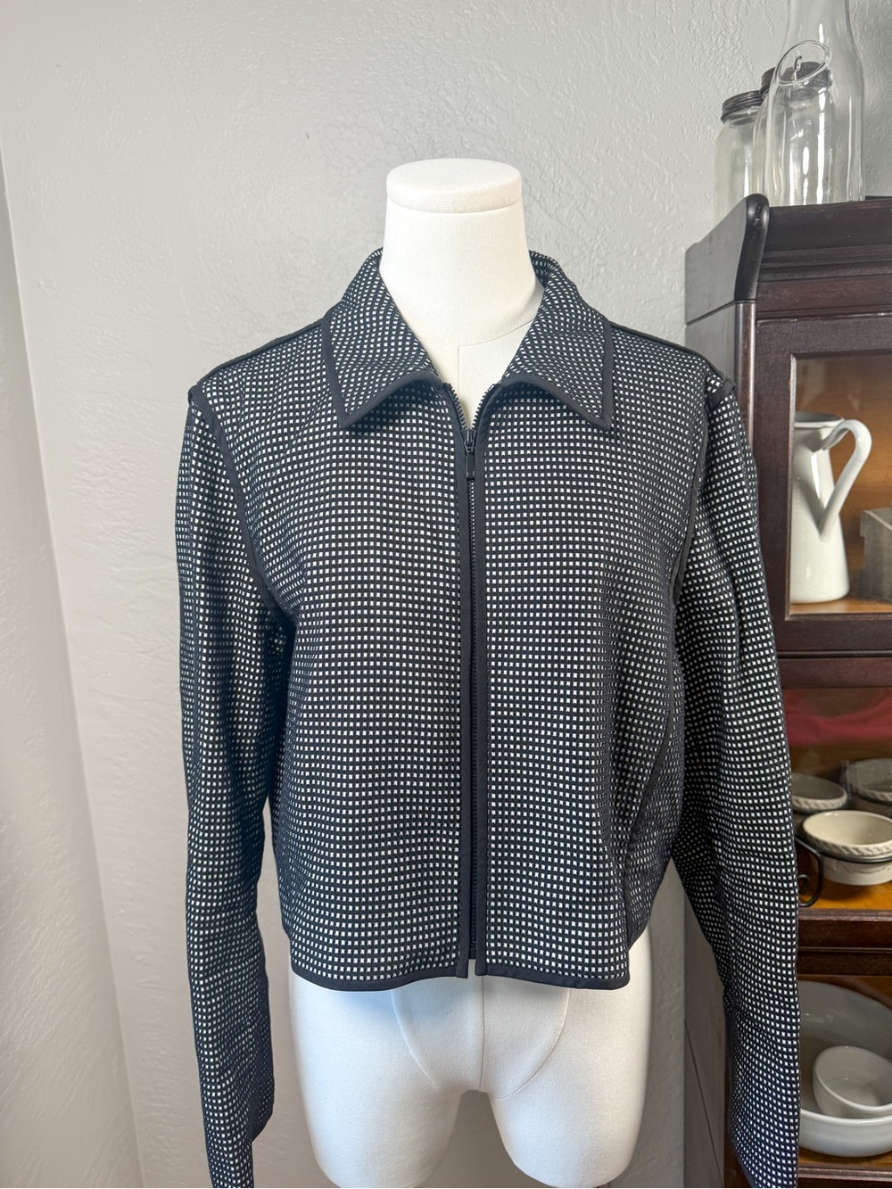 Lafayette 148 New York Black & White Grid Knit Zip Front Jacket Size M
